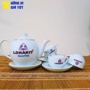 Bộ ấm chén trắng in logo Lohakit