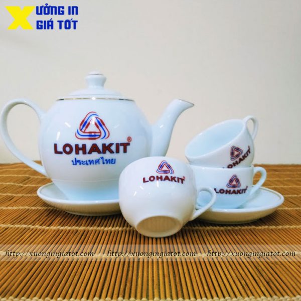 Bộ ấm chén trắng in logo Lohakit 